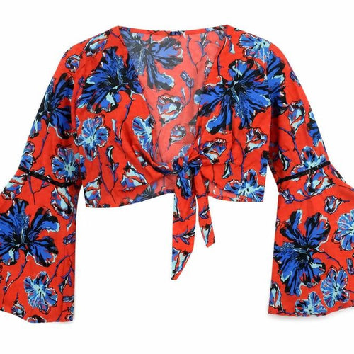 Boohoo Womens Red Floral Polyester Cropped Blouse Size 10 V-Neck - Bell Sleeve