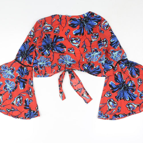 Boohoo Womens Red Floral Polyester Cropped Blouse Size 10 V-Neck - Bell Sleeve