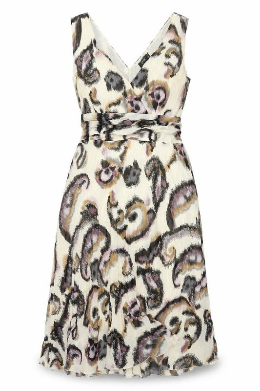 Front view of CCDK women’s beige check polyester shift, size UK 10, v-neck zip
