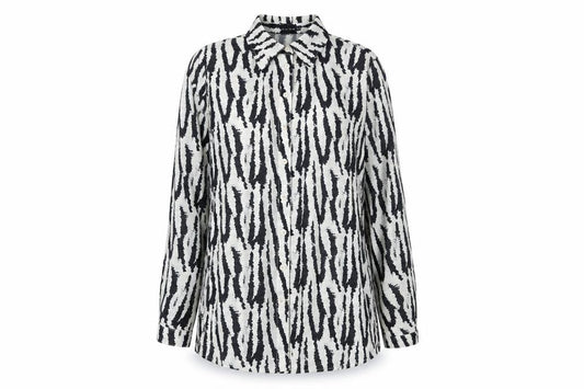 Front view of PRETTYLITTLETHING women’s white geometric polyester basic button-up, size UK 10, collared