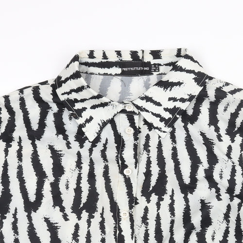 PRETTYLITTLETHING Womens White Geometric Polyester Basic Button-Up Size 10 Collared