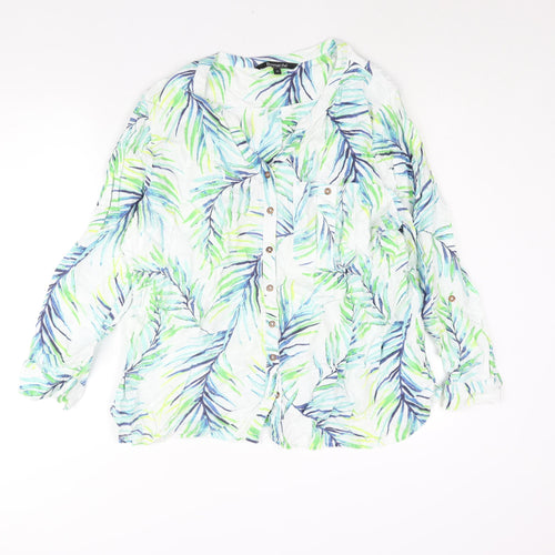 Bonmarché Womens Multicoloured Geometric Linen Basic Button-Up Size 22 V-Neck - Leaf Print