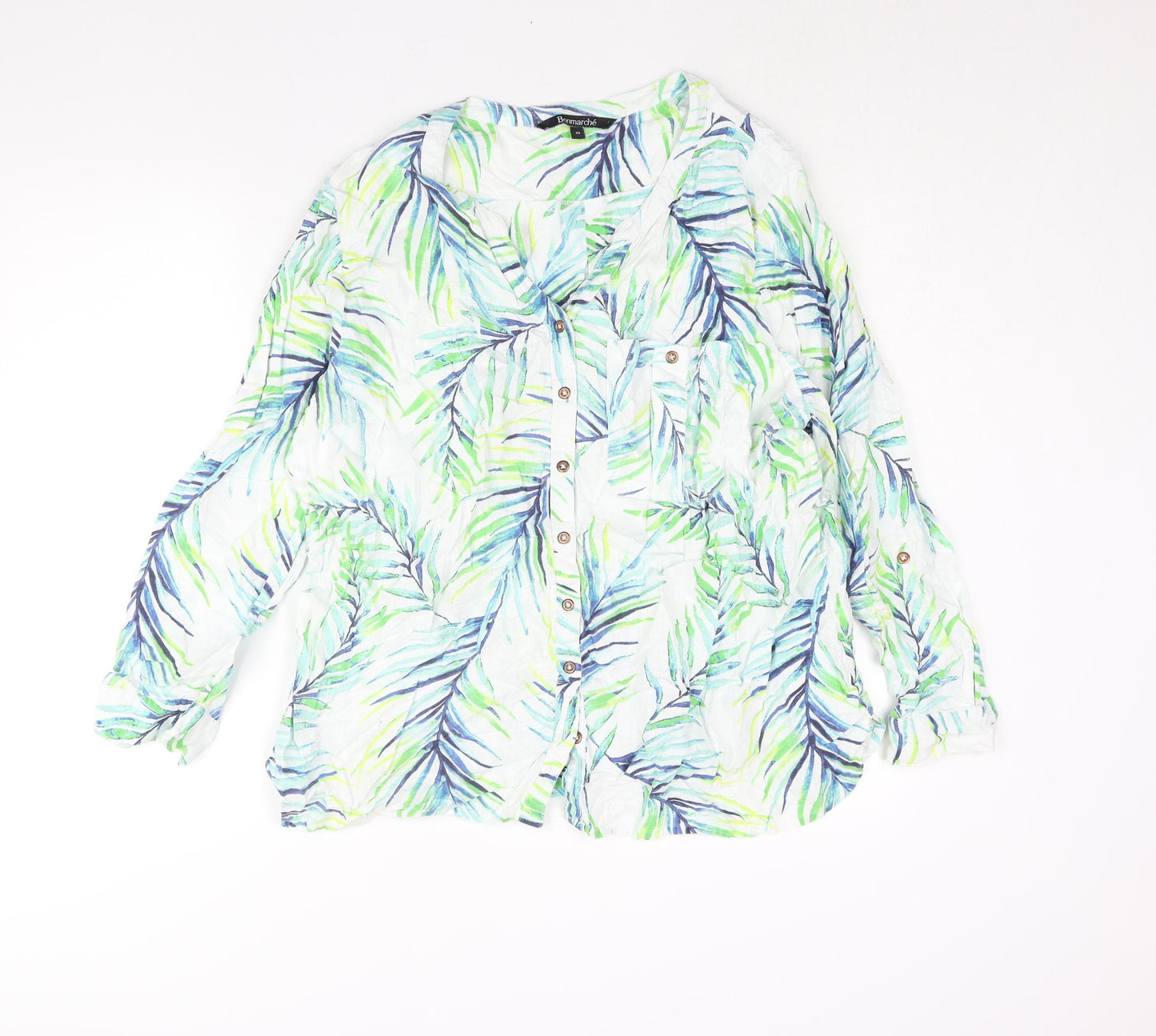 Bonmarché Womens Multicoloured Geometric Linen Basic Button-Up Size 22 V-Neck - Leaf Print