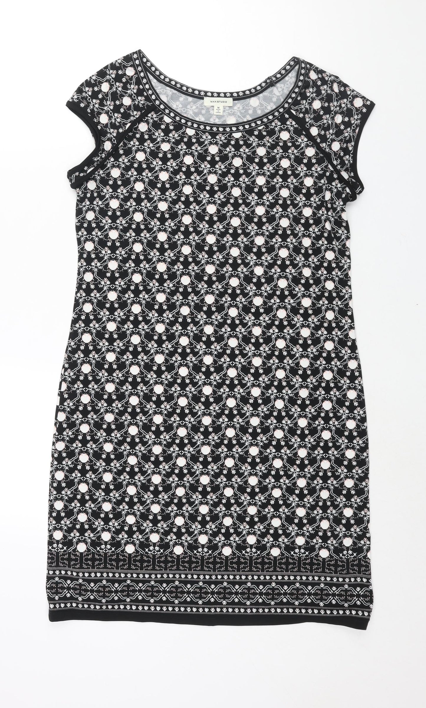 Max Studio Womens Black Geometric Polyester Sheath Size M Round Neck Pullover