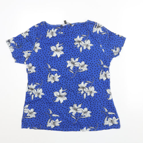 Bonmarché Womens Blue Floral Cotton Basic T-Shirt Size 18 Round Neck - Polka Dot Button Detail