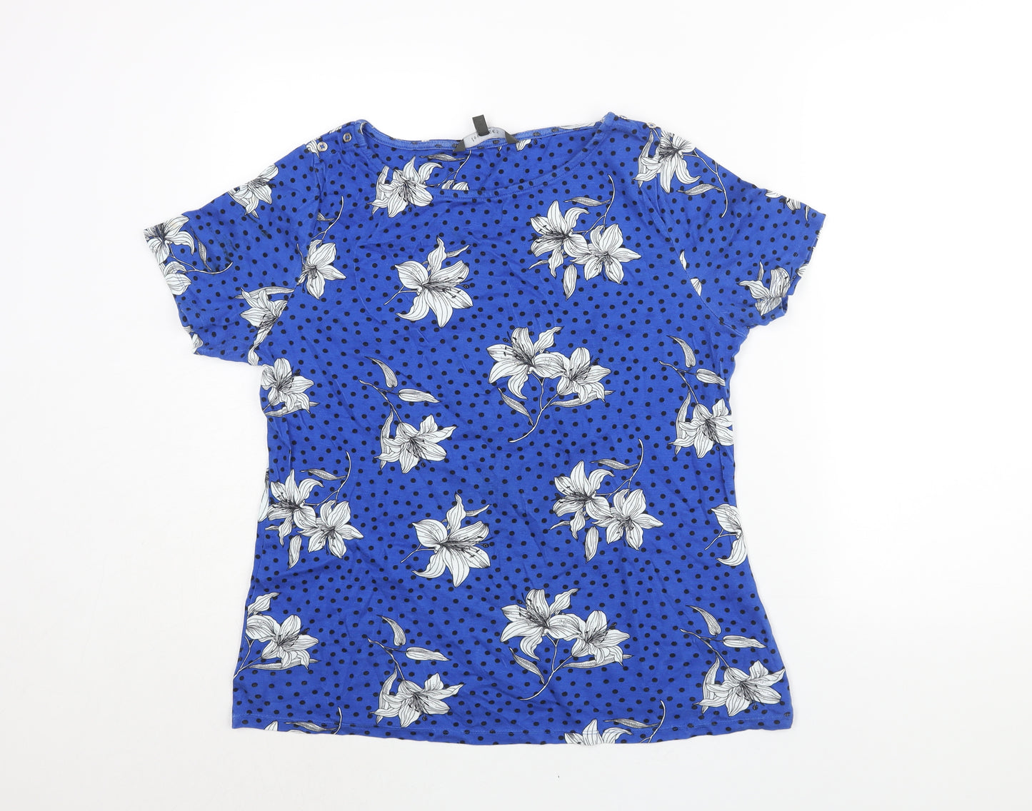 Bonmarché Womens Blue Floral Cotton Basic T-Shirt Size 18 Round Neck - Polka Dot Button Detail