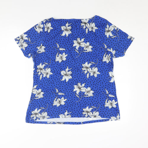 Bonmarché Womens Blue Floral Cotton Basic T-Shirt Size 18 Round Neck - Polka Dot Button Detail
