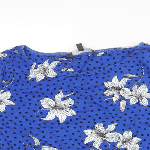 Bonmarché Womens Blue Floral Cotton Basic T-Shirt Size 18 Round Neck - Polka Dot Button Detail