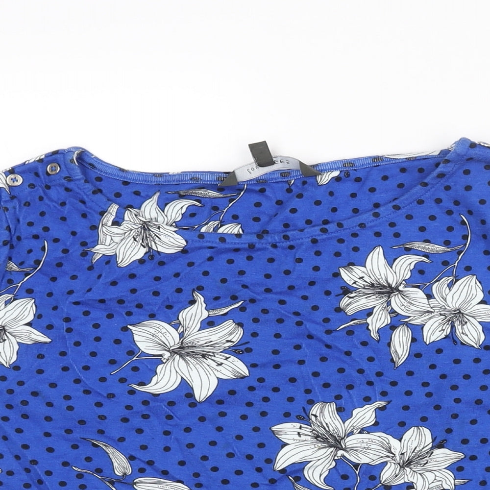 Bonmarché Womens Blue Floral Cotton Basic T-Shirt Size 18 Round Neck - Polka Dot Button Detail