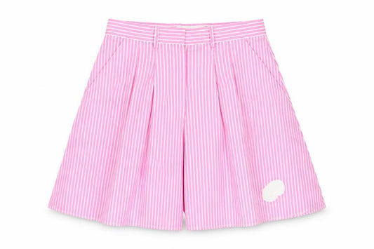 Front view of XIaoli women’s pink striped cotton bermuda shorts, size S, 11-inch leg regular zip