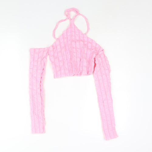 PRETTYLITTLETHING Womens Pink Polyester Cropped Blouse Size 8 Halter - Textured Cold Shoulder