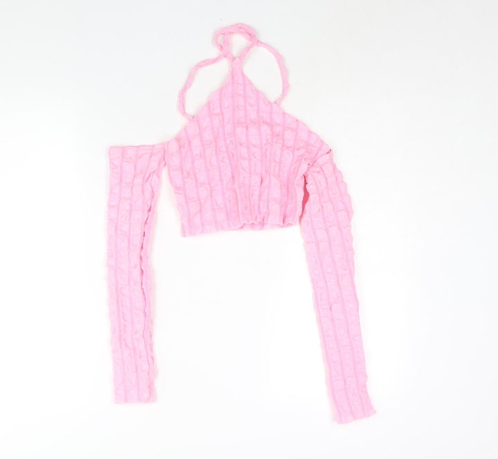PRETTYLITTLETHING Womens Pink Polyester Cropped Blouse Size 8 Halter - Textured Cold Shoulder