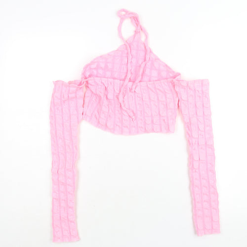 PRETTYLITTLETHING Womens Pink Polyester Cropped Blouse Size 8 Halter - Textured Cold Shoulder