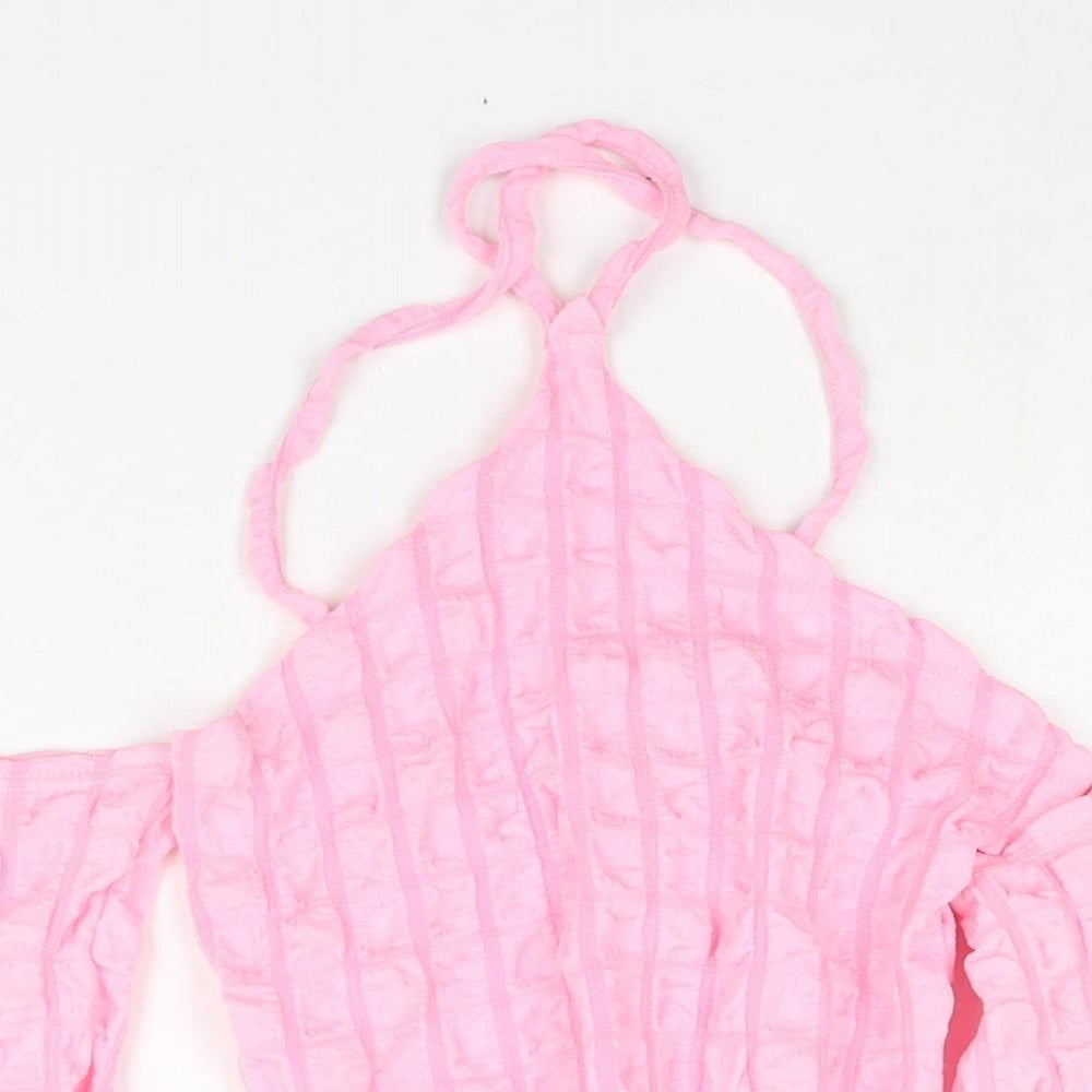PRETTYLITTLETHING Womens Pink Polyester Cropped Blouse Size 8 Halter - Textured Cold Shoulder