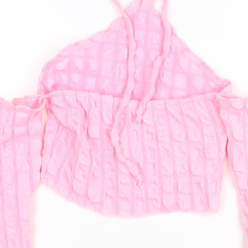 PRETTYLITTLETHING Womens Pink Polyester Cropped Blouse Size 8 Halter - Textured Cold Shoulder