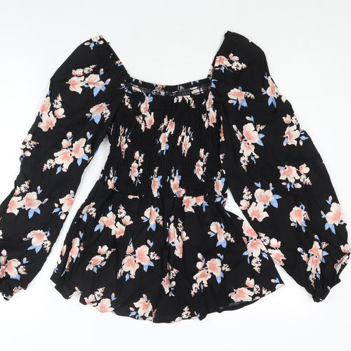 Select Womens Black Floral Viscose Basic Blouse Size 12 Square Neck - Peplum Rouched