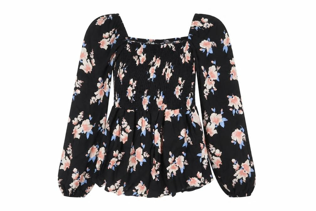 Front view of Select women’s black floral viscose basic blouse, size UK 12, square neck - peplum rouched
