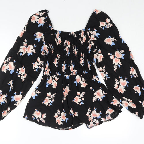 Select Womens Black Floral Viscose Basic Blouse Size 12 Square Neck - Peplum Rouched