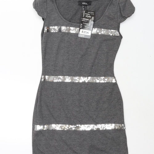 Ezia Womens Grey Polyester Mini Size 8 Round Neck Pullover - Sequin