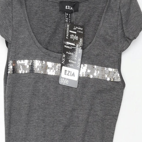 Ezia Womens Grey Polyester Mini Size 8 Round Neck Pullover - Sequin