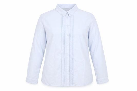 Front view of EWM women’s blue polyester basic button-up, size UK 18, collared - pleat detail