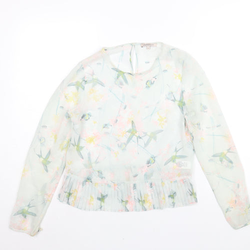 Marks and Spencer Womens Green Geometric Polyester Basic Blouse Size 8 Round Neck - Semi Sheer Pleated