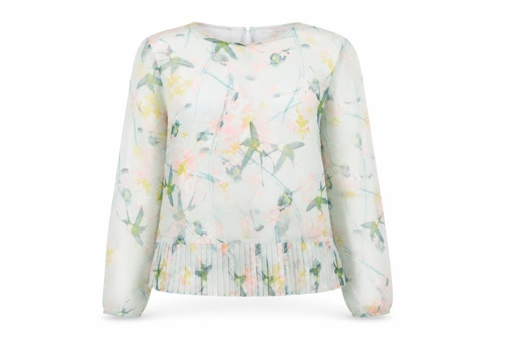 Front view of Marks & Spencer women’s green geometric polyester basic blouse, size UK 8, round neck - semi sheer pleated