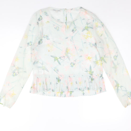 Marks and Spencer Womens Green Geometric Polyester Basic Blouse Size 8 Round Neck - Semi Sheer Pleated