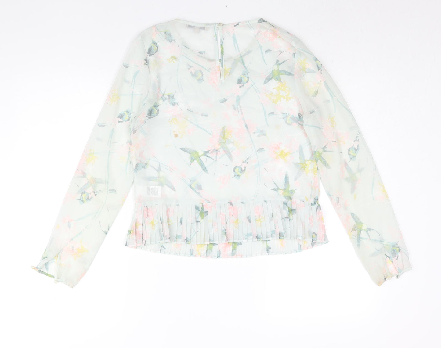 Marks and Spencer Womens Green Geometric Polyester Basic Blouse Size 8 Round Neck - Semi Sheer Pleated
