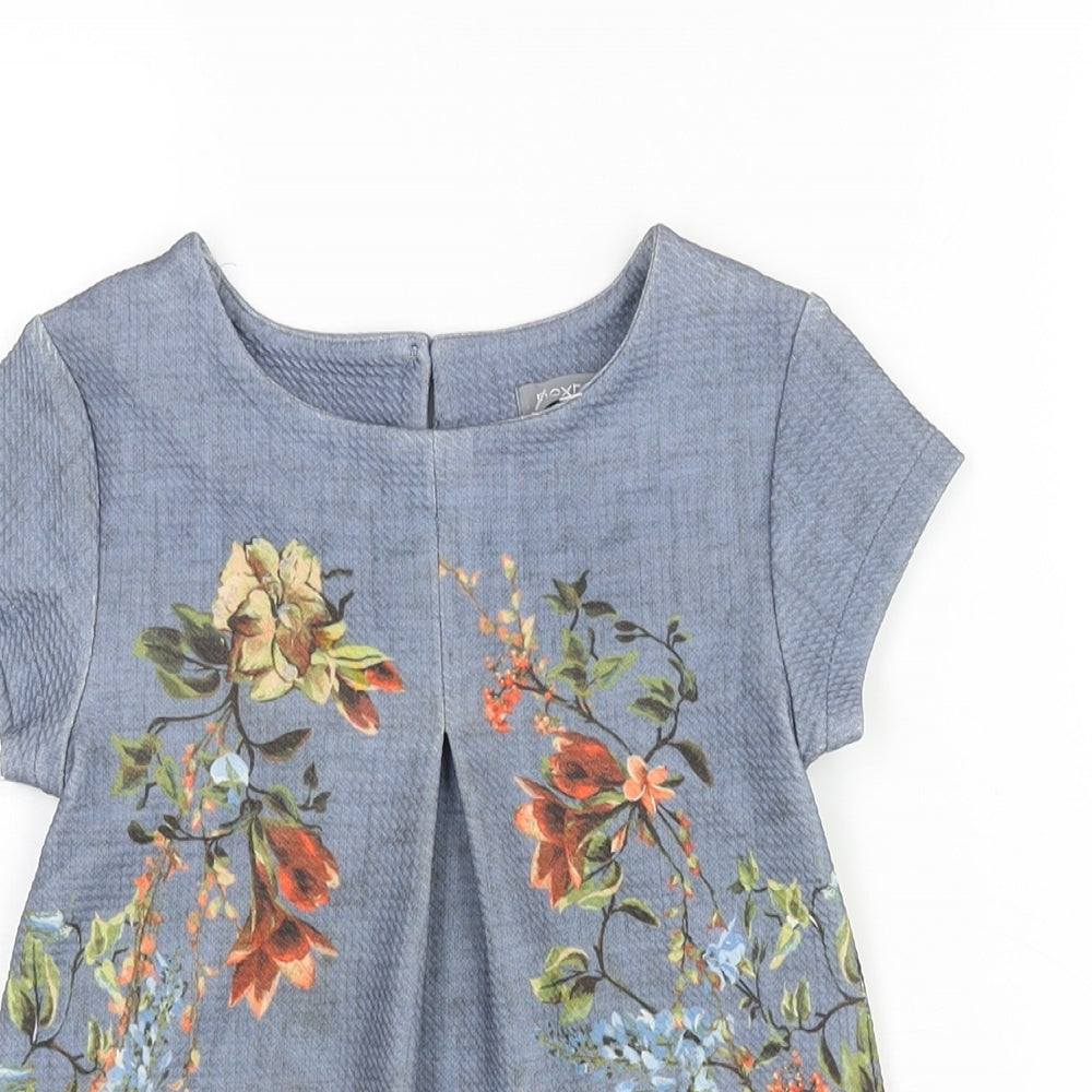 NEXT Girls Blue Floral Polyester Shift Size 5 Years Round Neck Button