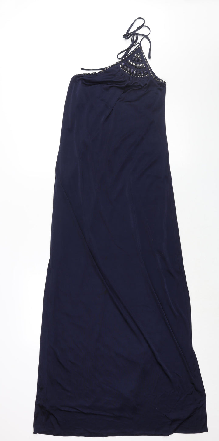 BCBGMAXAZRIA Womens Blue Polyester Maxi Size 2XS One Shoulder Tie - Stud Detail