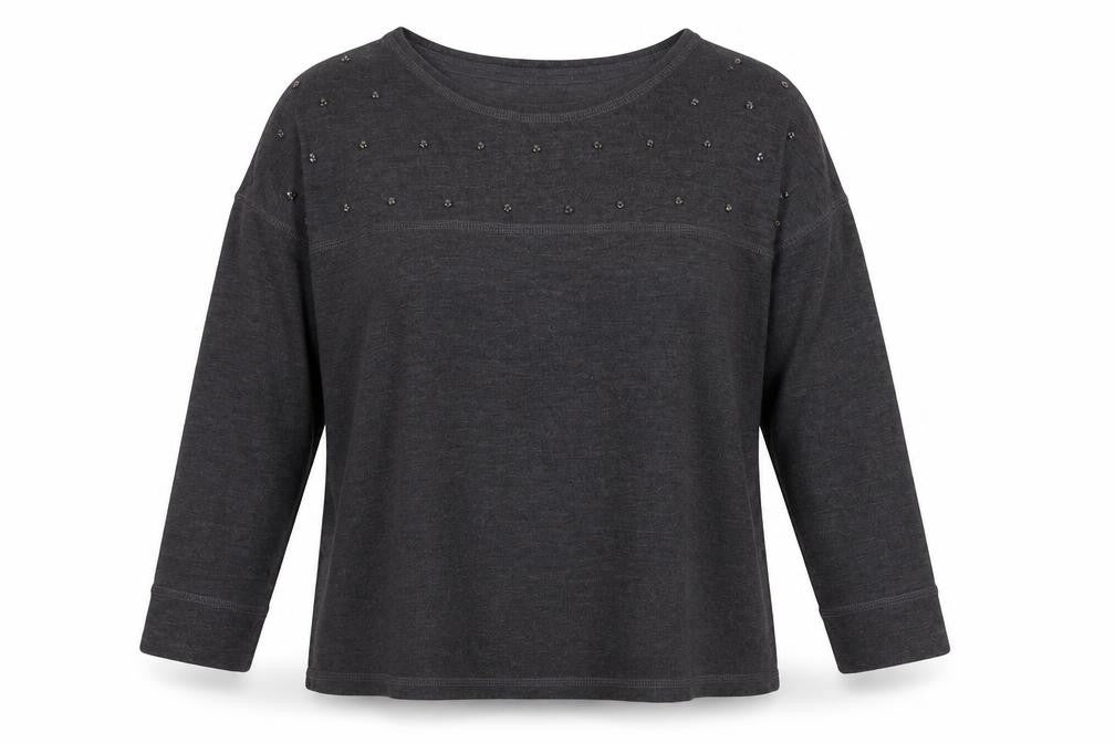 Front view of Next women’s grey round neck polyester jumper, size UK 6, - beading detail