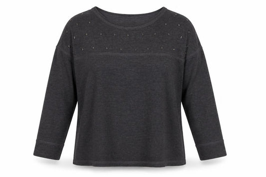 Front view of Next women’s grey round neck polyester jumper, size UK 6, - beading detail