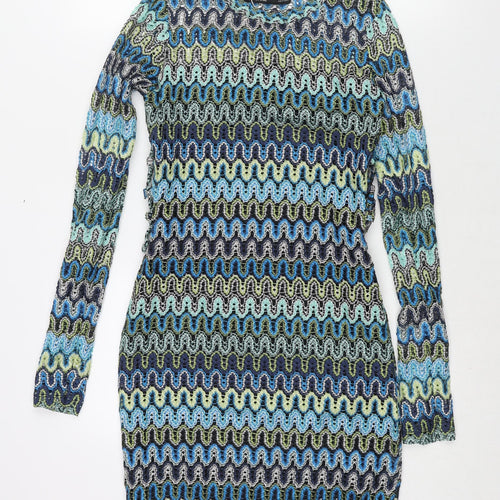 Bershka Womens Multicoloured Geometric Polyester Bodycon Size M Round Neck Pullover - Lace Up Sides