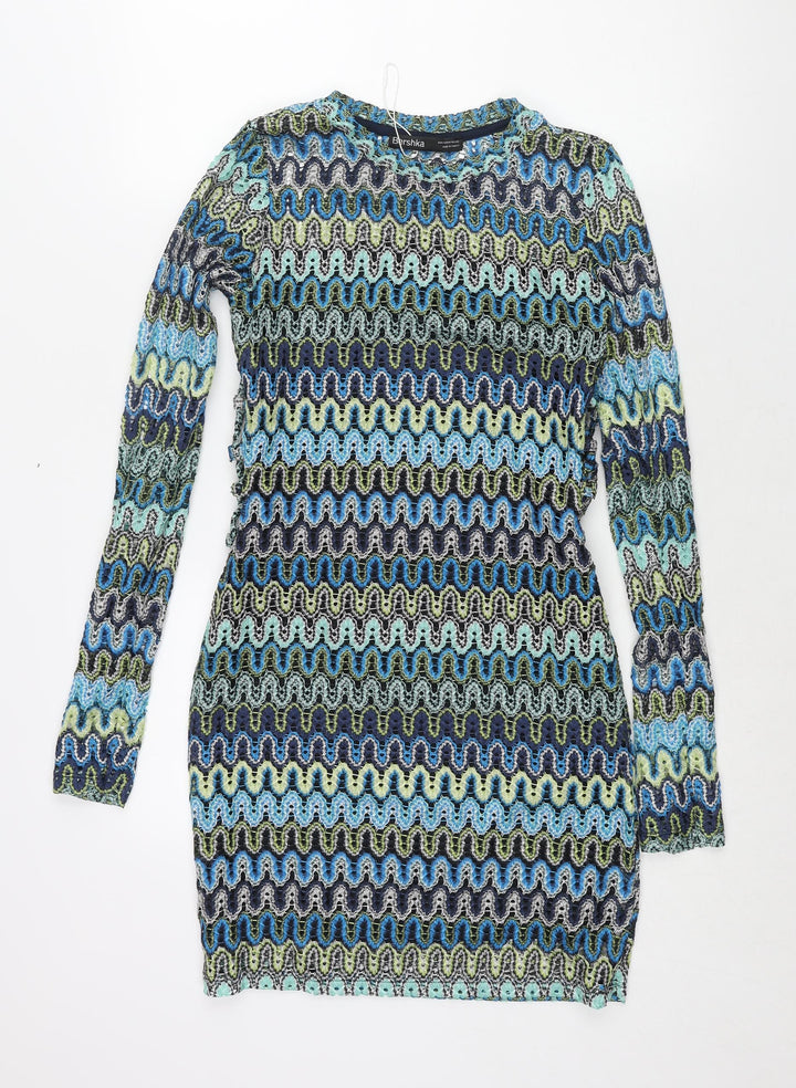 Bershka Womens Multicoloured Geometric Polyester Bodycon Size M Round Neck Pullover - Lace Up Sides