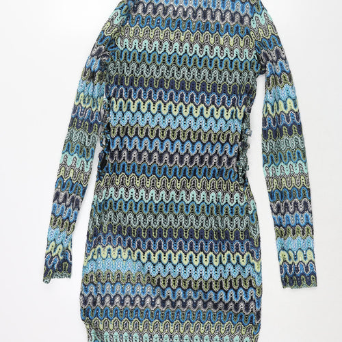 Bershka Womens Multicoloured Geometric Polyester Bodycon Size M Round Neck Pullover - Lace Up Sides
