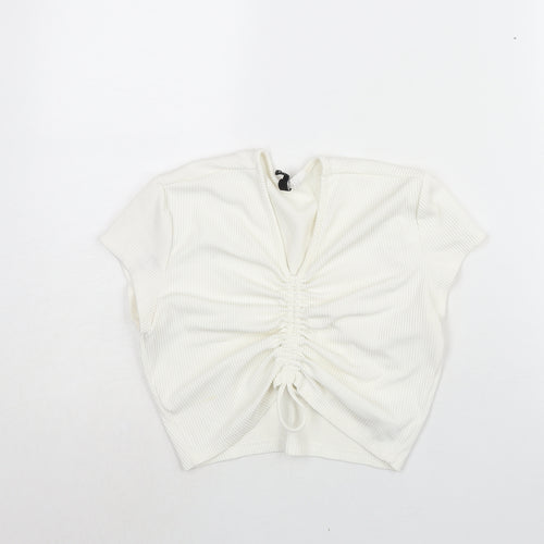 Divided by H&M Womens Ivory Polyester Cropped Blouse Size M V-Neck - Drawstring Detail