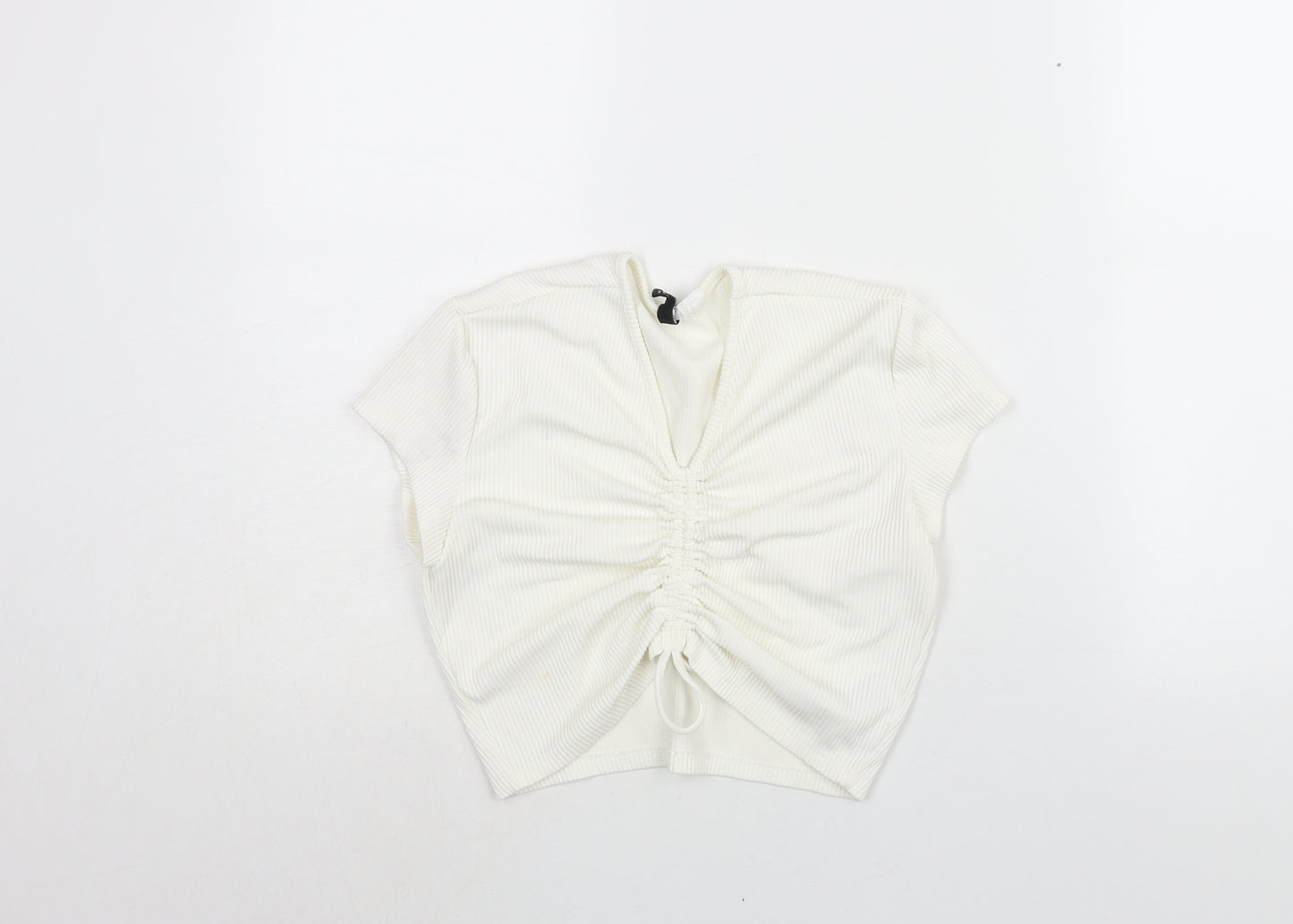 Divided by H&M Womens Ivory Polyester Cropped Blouse Size M V-Neck - Drawstring Detail