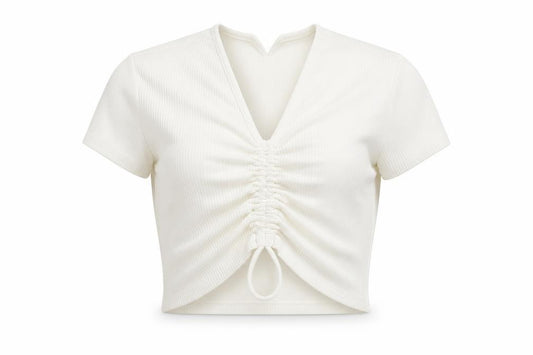 Front view of Divided by H&M women’s ivory polyester cropped blouse, size M, v-neck - drawstring detail
