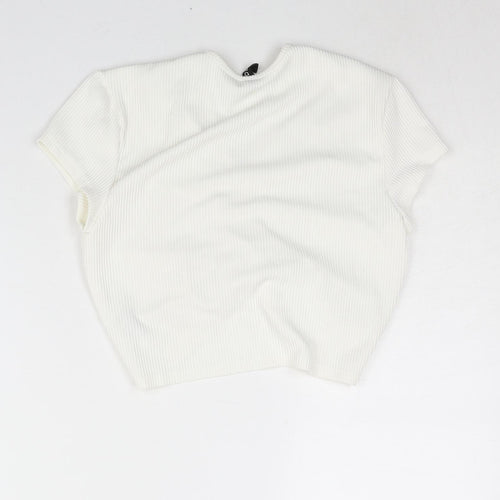 Divided by H&M Womens Ivory Polyester Cropped Blouse Size M V-Neck - Drawstring Detail