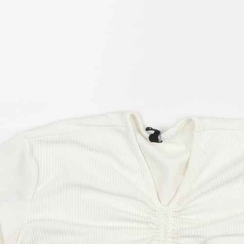 Divided by H&M Womens Ivory Polyester Cropped Blouse Size M V-Neck - Drawstring Detail