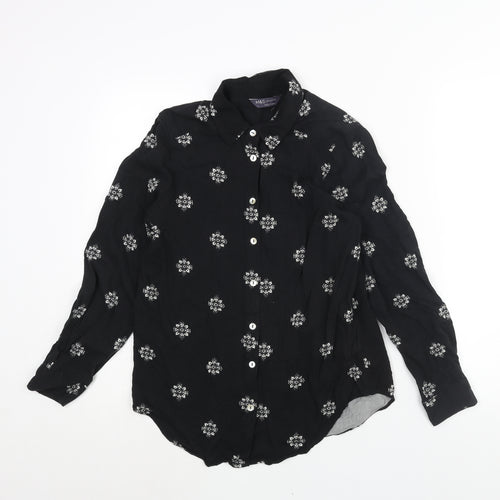 Marks and Spencer Womens Black Geometric Viscose Basic Button-Up Size 8 Collared