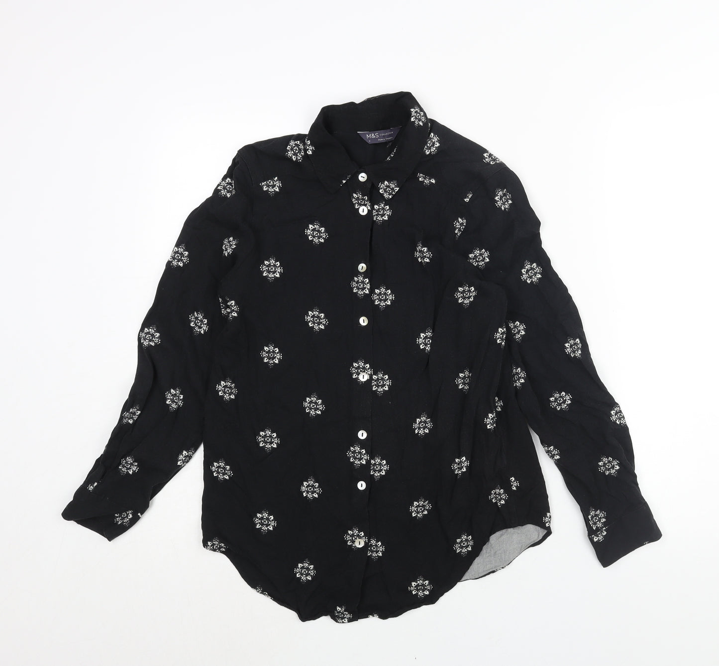 Marks and Spencer Womens Black Geometric Viscose Basic Button-Up Size 8 Collared