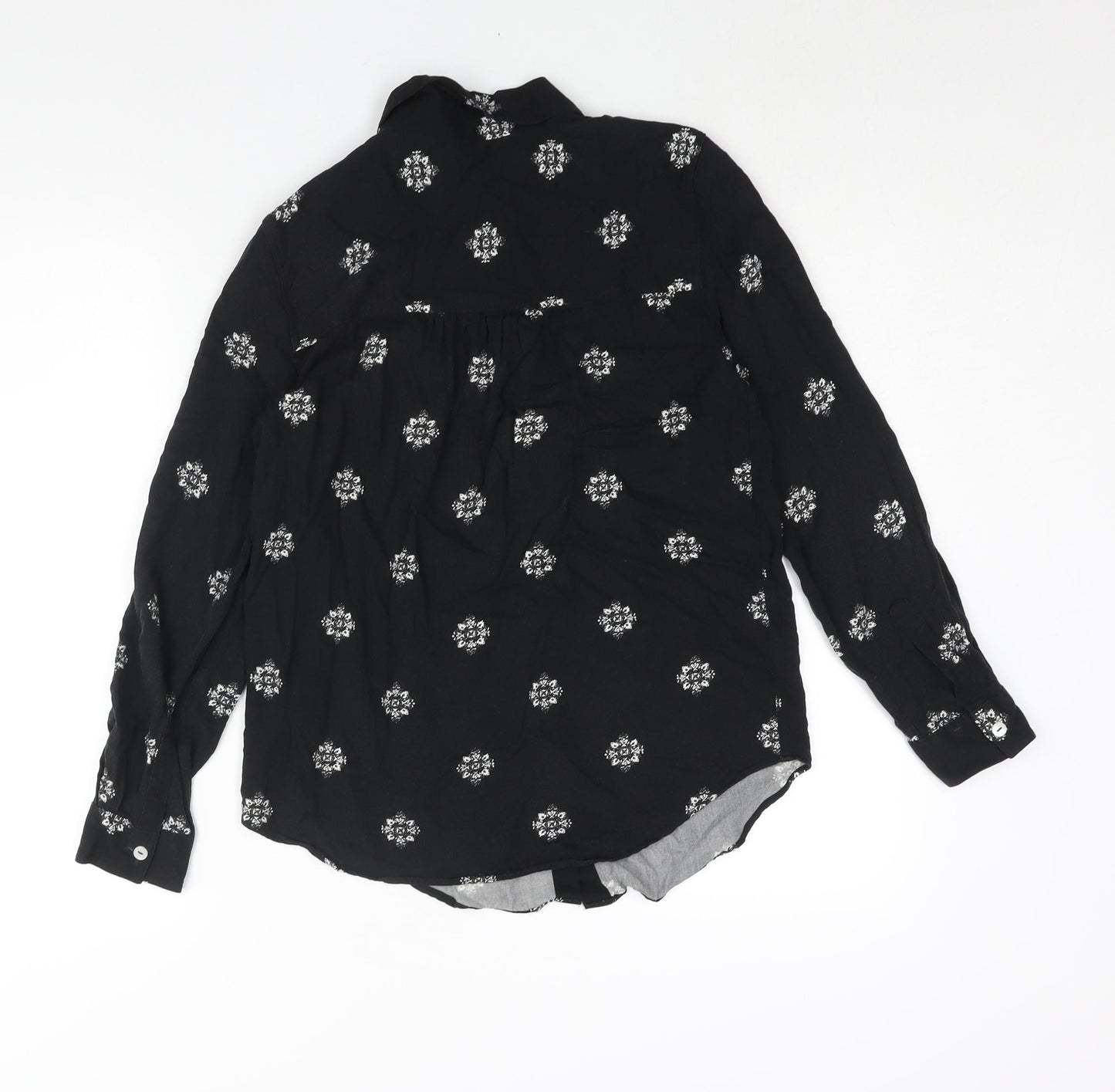 Marks and Spencer Womens Black Geometric Viscose Basic Button-Up Size 8 Collared