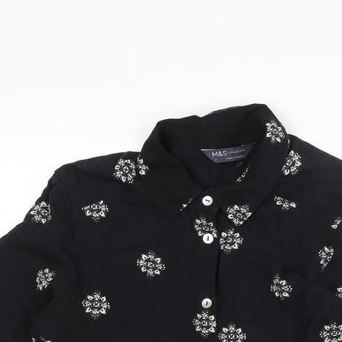 Marks and Spencer Womens Black Geometric Viscose Basic Button-Up Size 8 Collared