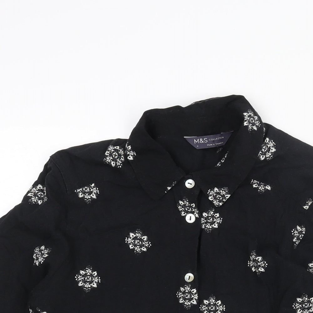 Marks and Spencer Womens Black Geometric Viscose Basic Button-Up Size 8 Collared