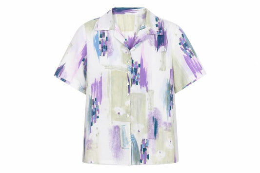 Front view of Berkertex women’s multicoloured geometric polyester basic button-up, size UK 18, collared