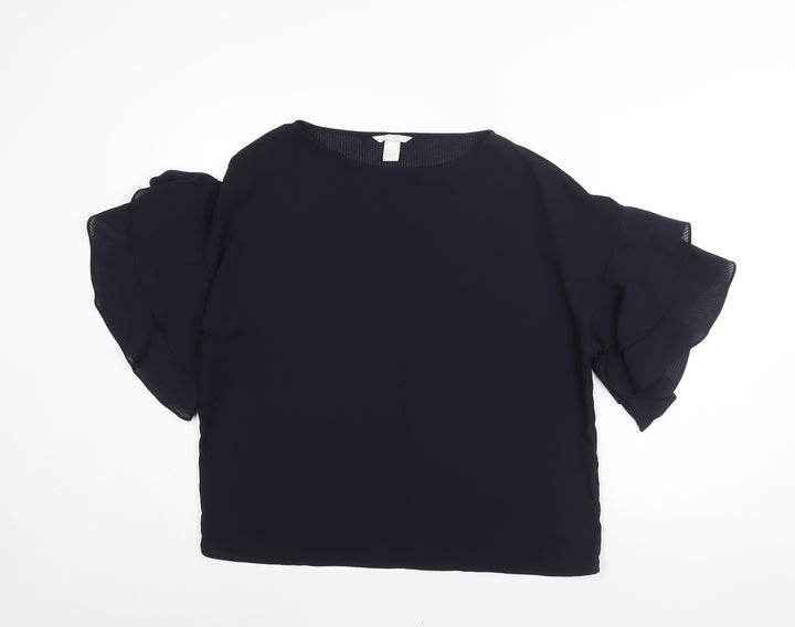 H&M Womens Blue Polyester Basic Blouse Size 14 Off the Shoulder - Frill Sleeve