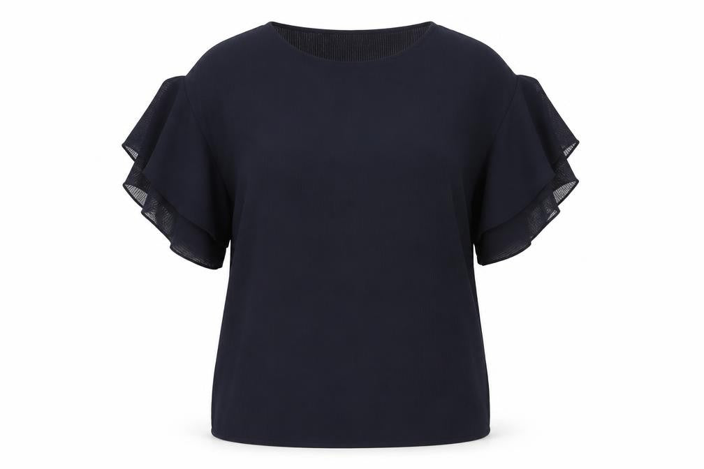 Front view of H&M women’s blue polyester basic blouse, size UK 14, off the shoulder - frill sleeve