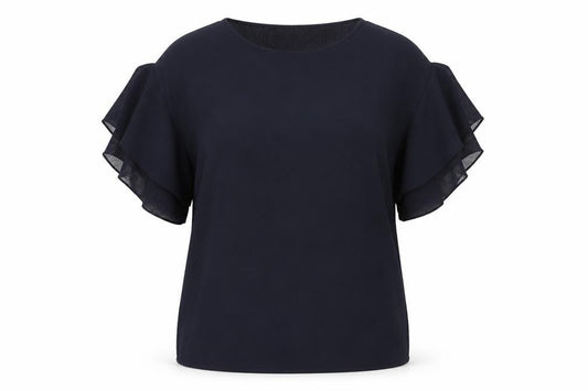 Front view of H&M women’s blue polyester basic blouse, size UK 14, off the shoulder - frill sleeve